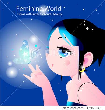 可愛的動漫風格女人凝視著閃閃發光的蝴蝶 可愛的動漫風格女人凝視著閃閃發光的蝴蝶 129605345