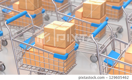 The Shopping cart and cardboard box for Delivery or sale concept 3d Rendering. 129605462