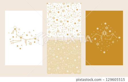 Celestial posters and seamless pattern golden set vector 129605515