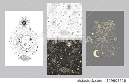Trendy esoteric posters and seamless pattern set vector illustration 129605516