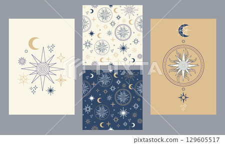 Set of celestial posters and seamless patterns moon and sun vector Set of celestial posters and seamless patterns moon and sun vector 129605517