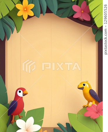 Colorful frame of tropical flowers and birds 129605526