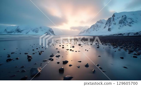 A tranquil beach with reflective waves and majestic snow-capped mountains rising in the background, showcasing nature's beauty 129605700