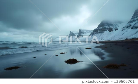 A serene beach scene with reflective waters and snow-covered mountains in the background, creating a stunning contrast 129605701