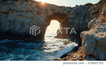 Sunlight streams through a large rock arch, illuminating the ocean in a stunning landscape scene 129605702