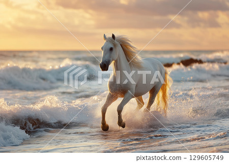 一張逼真的 AI 生成圖像，描繪了一匹美麗的白馬在太陽升起時沿著海灘奔騰 129605749