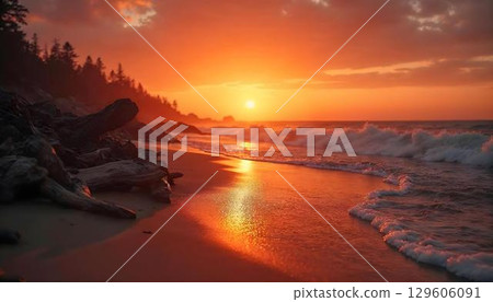 A vibrant sunset over the ocean, with waves crashing onto the shore, creating a captivating landscape scene 129606091