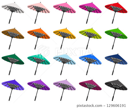 日本傘的簡單插圖。 20種顏色的彩色日本傘套裝。 日本傘的簡單插圖。 20種顏色的彩色日本傘套裝。 129606191