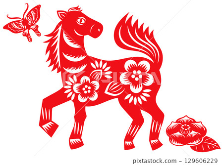 Chinese paper-cut style horse, butterfly and flower 129606229