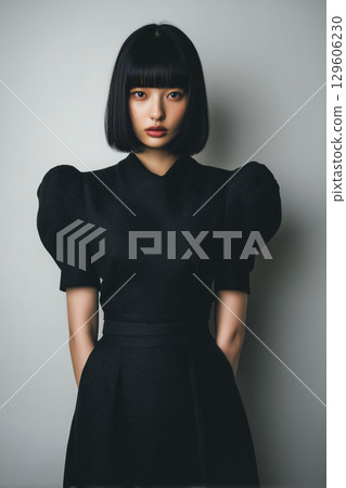 簡單而迷人的微笑——黑色服裝和自然魅力 129606230