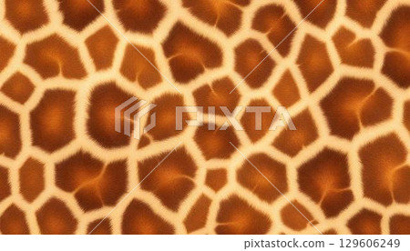 A close-up shot of a giraffe's skin, revealing a continuous pattern of its distinctive fur texture and markings 129606249