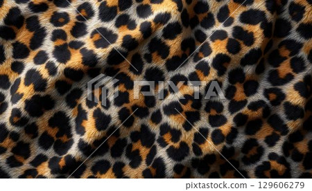A close-up photograph of leopard fur, presenting a seamless pattern with rich textures and prominent spots 129606279