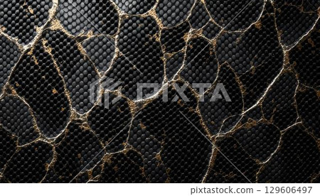 Black and gold snake skin texture showcasing a seamless reptile pattern, highlighting intricate scales and luxurious colors 129606497