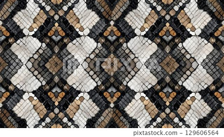 Seamless pattern featuring intertwined brown, black, and white snake skin textures 129606564