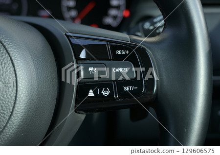 interior view of car with black leather, steering wheel with button 129606575