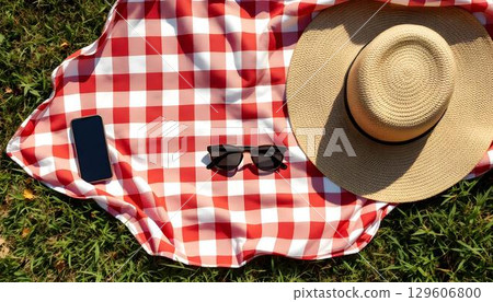 A hat, sunglasses, and a phone arranged on a red and white checkered blanket, perfect for a spring picnic 129606800