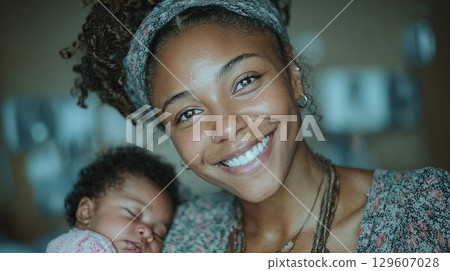 Happy mother holding her sleeping newborn baby at home 129607028