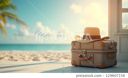 Travel suitcase with hat and sunglasses on the beach 129607156