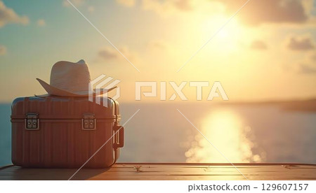 Travel suitcase with hat on the wooden table over sea and sunset background Travel suitcase with hat on the wooden table over sea and sunset background 129607157
