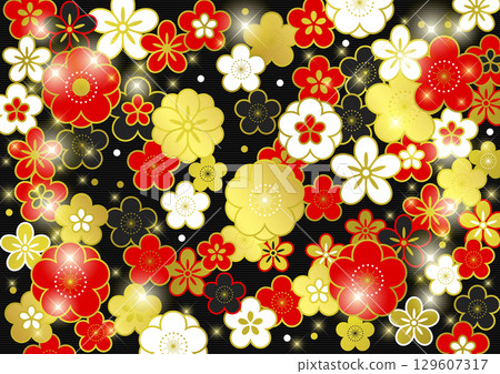 Patterned floral pattern, background, black, cute, illustration, Japanese style, horizontal 129607317