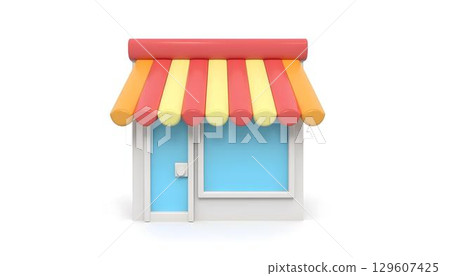 3D illustration of a store front with awning on white background 129607425