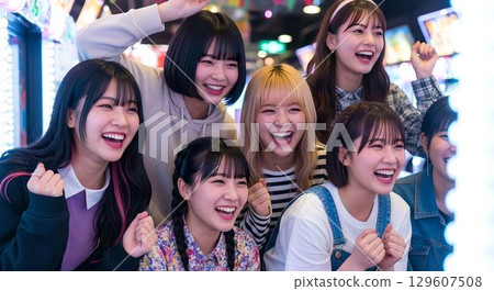 High school girls having fun at an arcade - AI-generated image High school girls having fun at an arcade - AI-generated image 129607508