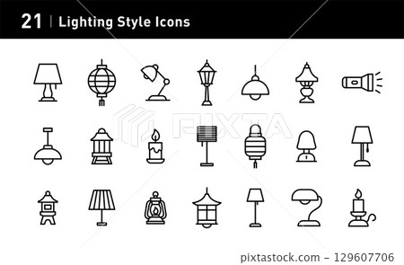 照明主題的icon展現多款燈光造型，如立燈、檯燈、日式燈具、燈籠、手電筒、夜燈等，適合室內與設計項目 129607706
