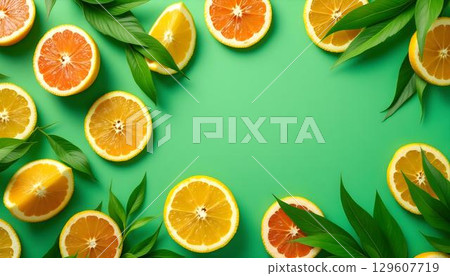 Colorful grapefruit slices on a lush green background, forming a cheerful summer-inspired pattern 129607719
