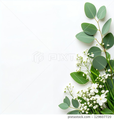 優雅的綠色角落，有白色的花朵和桉樹 129607720