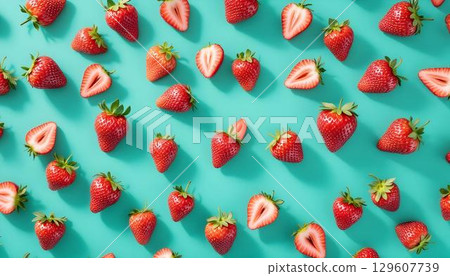 A summer-themed design featuring strawberries on a turquoise backdrop, creating a refreshing and colorful pattern A summer-themed design featuring strawberries on a turquoise backdrop, creating a refreshing and colorful pattern 129607739