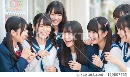 人工智慧生成的一群高中女生正在進行有趣對話的圖像 129607765