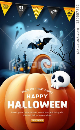 Happy Halloween Big Pumpkin, Scary castle, ghost, skull on moon night dark blue poster background 129607832