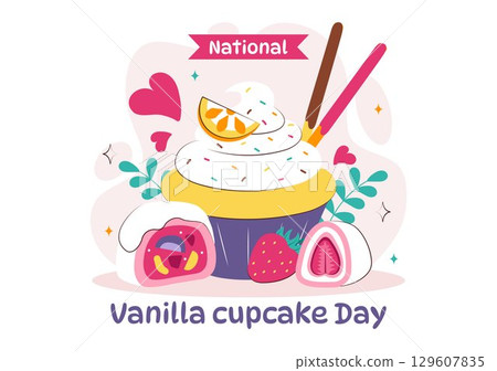 National Vanilla Cupcake Day Illustration featuring Delicious Cupcakes Topped with Colorful Sprinkles, Fresh Strawberries, and Creamy Vanilla Frosting 129607835