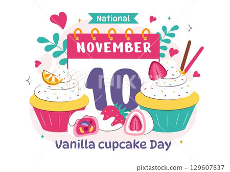 National Vanilla Cupcake Day Illustration featuring Delicious Cupcakes Topped with Colorful Sprinkles, Fresh Strawberries, and Creamy Vanilla Frosting 129607837