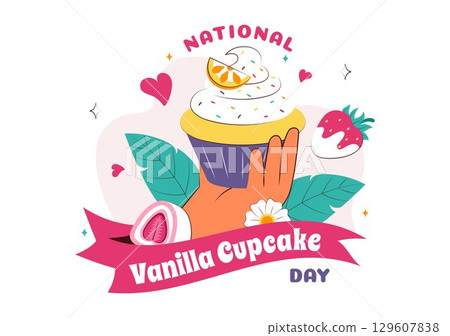 National Vanilla Cupcake Day Illustration featuring Delicious Cupcakes Topped with Colorful Sprinkles, Fresh Strawberries, and Creamy Vanilla Frosting 129607838