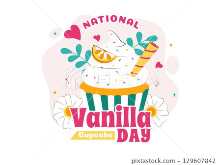 National Vanilla Cupcake Day Illustration featuring Delicious Cupcakes Topped with Colorful Sprinkles, Fresh Strawberries, and Creamy Vanilla Frosting 129607842
