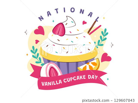 National Vanilla Cupcake Day Illustration featuring Delicious Cupcakes Topped with Colorful Sprinkles, Fresh Strawberries, and Creamy Vanilla Frosting 129607843