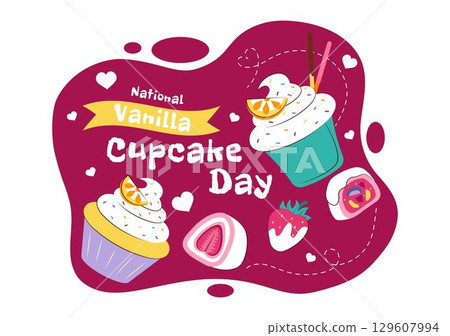 National Vanilla Cupcake Day Illustration featuring Delicious Cupcakes Topped with Colorful Sprinkles, Fresh Strawberries, and Creamy Vanilla Frosting 129607994