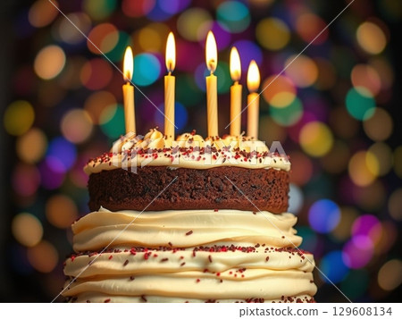 Chocolate birthday cake has colorful sprinkles and candles 129608134
