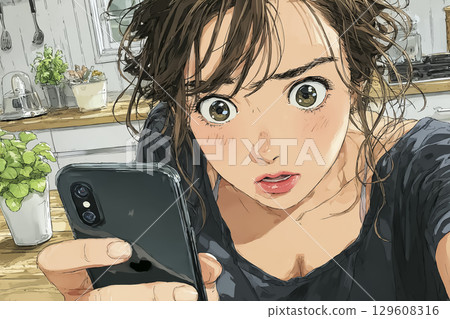 Miyu Series: A woman is surprised when she sees the Japan Meteorological Agency's earthquake alert on her smartphone 129608316