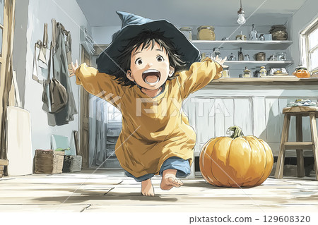 Children dancing in Halloween costumes 129608320