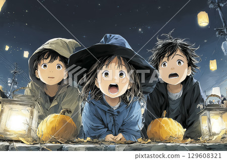 萬聖節之夜，孩子們盛裝打扮，玩得開心 129608321