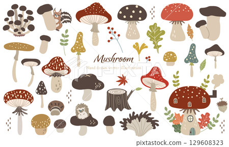 秋季植物和各種蘑菇材料集 129608323