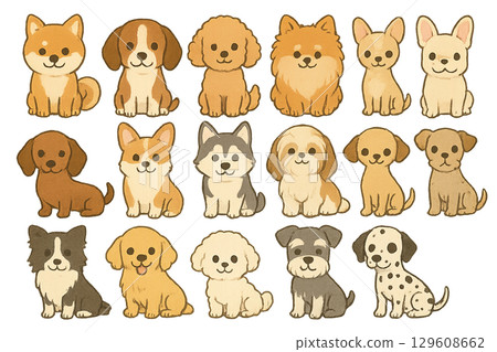 A collection of cute dog illustrations of various breeds 129608662