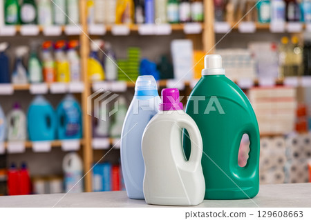 Laundry detergent on counter of household chemicals store 129608663