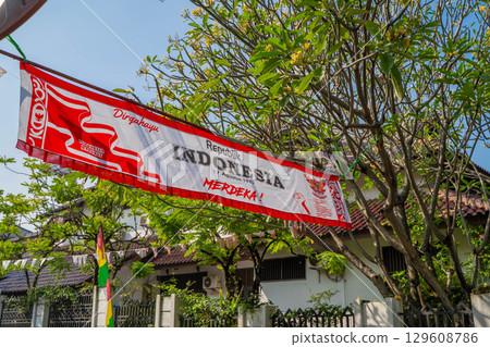 Streets decorated with banners celebrating Indonesian Independence Day Streets decorated with banners celebrating Indonesian Independence Day 129608786