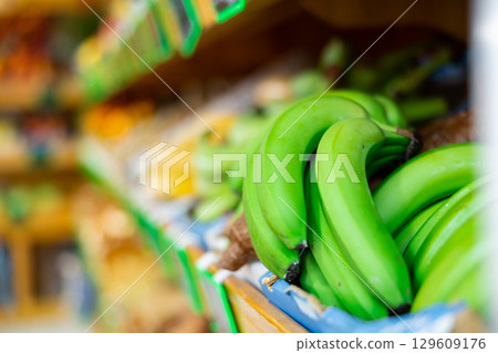 Fresh green bananas platano macho on counter in supermarket Fresh green bananas platano macho on counter in supermarket 129609176