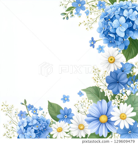 Blue and white plant frame of hydrangeas and daisies 129609479