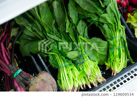 Bunches of fresh spinach lie on counter in shop Bunches of fresh spinach lie on counter in shop 129609534