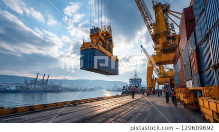 港口起重機裝卸貨櫃 129609692